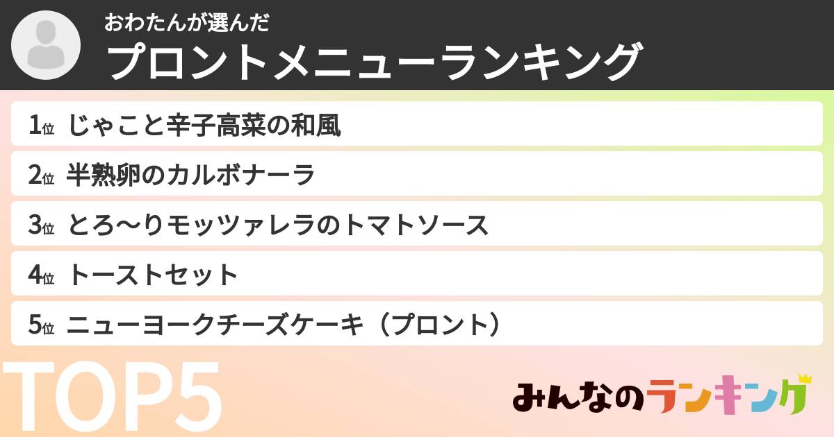 おわたんさんの「プロントメニューランキング」