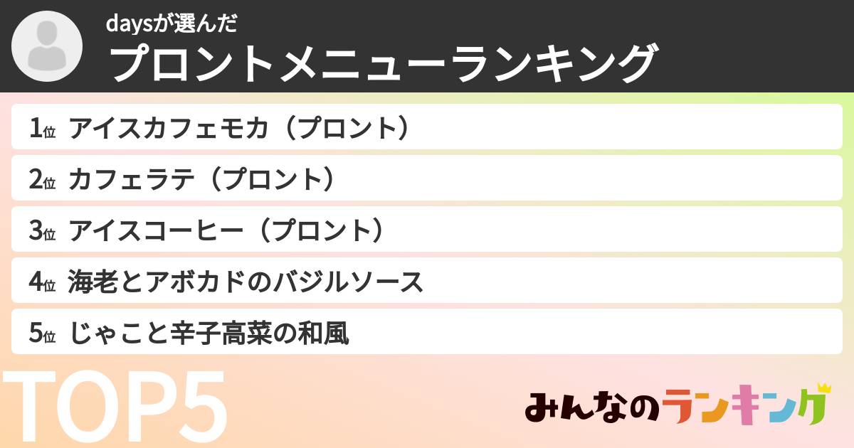 daysさんの「プロントメニューランキング」