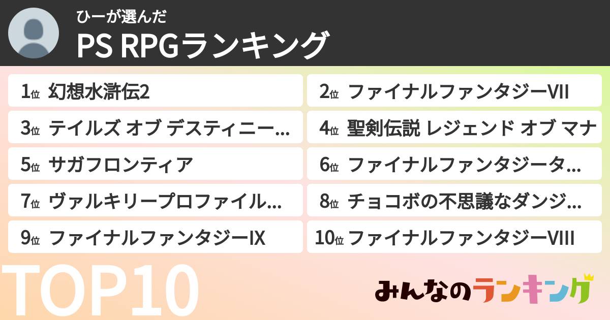 ひーさんの「PS RPGランキング」