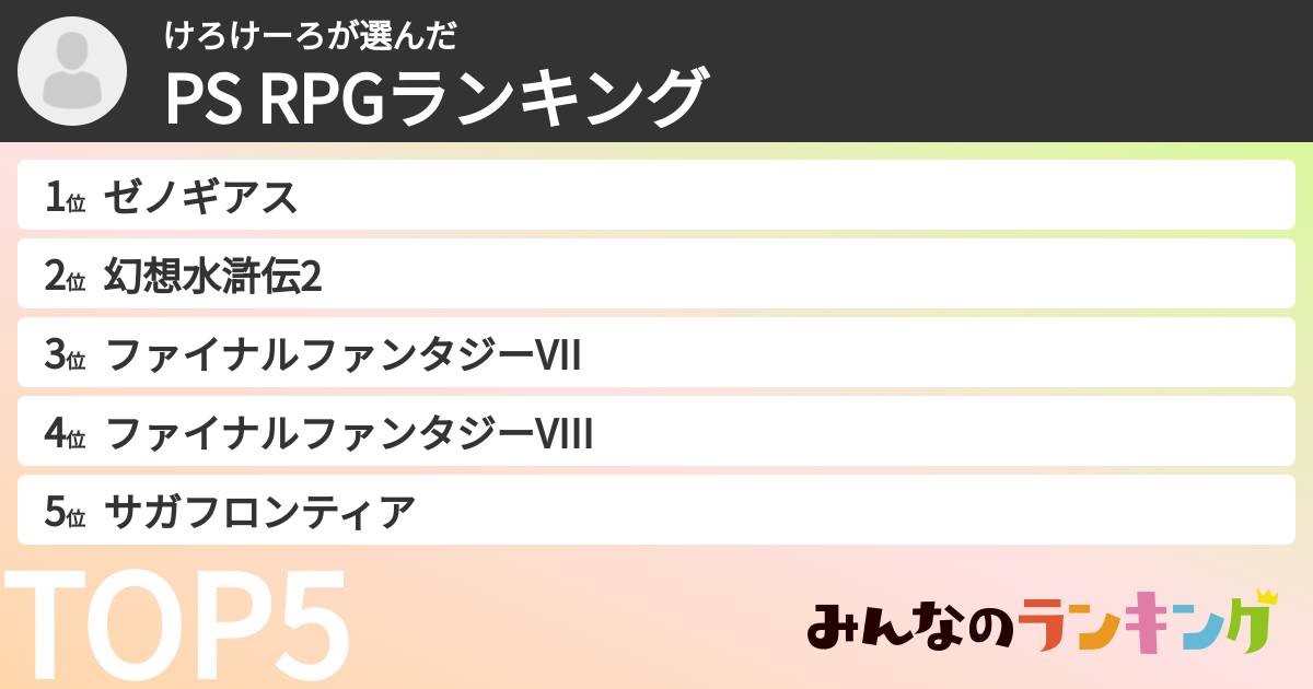 けろけーろさんの「PS RPGランキング」