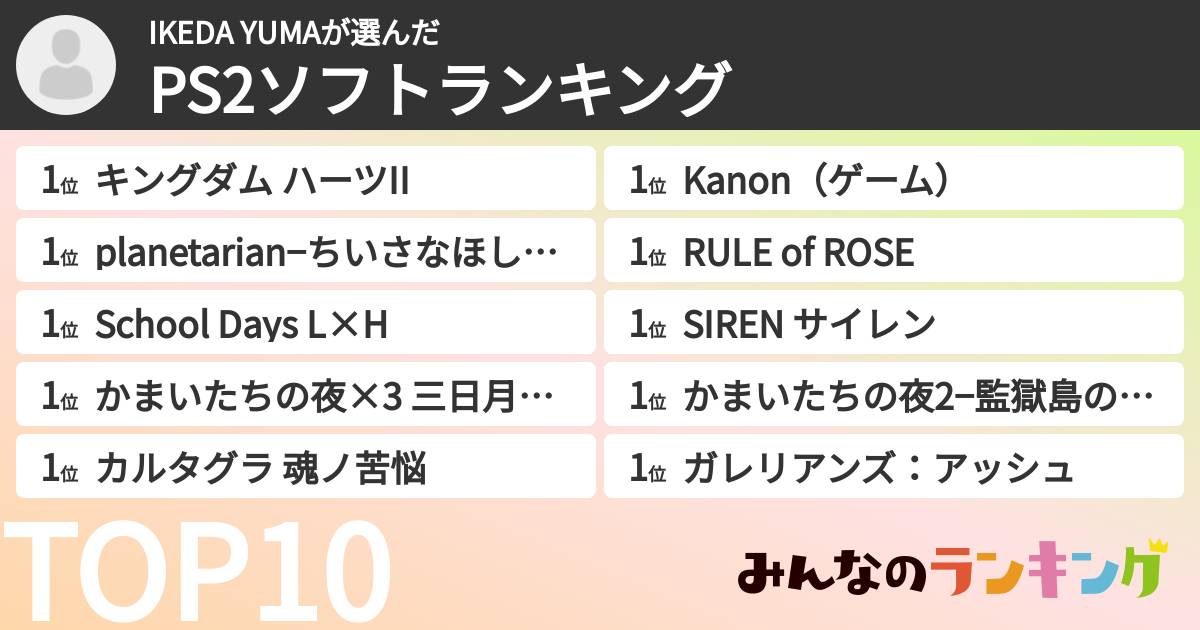 IKEDA YUMAさんの「PS2ソフトランキング」