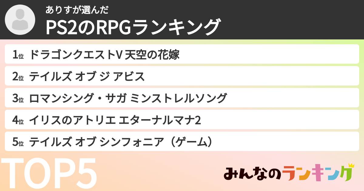 ありすさんの「PS2のRPGランキング」