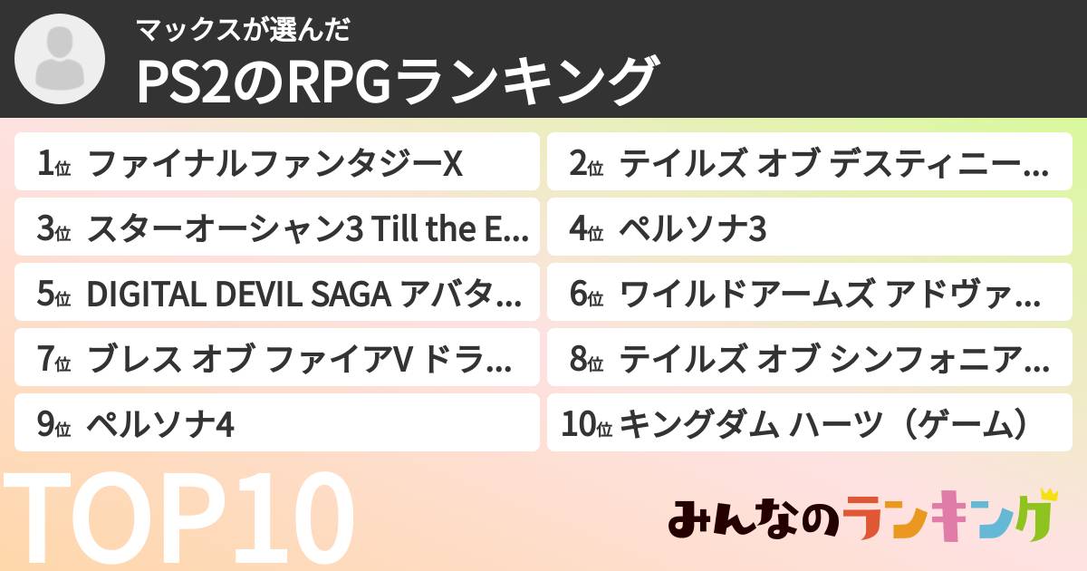 マックスさんの「PS2のRPGランキング」