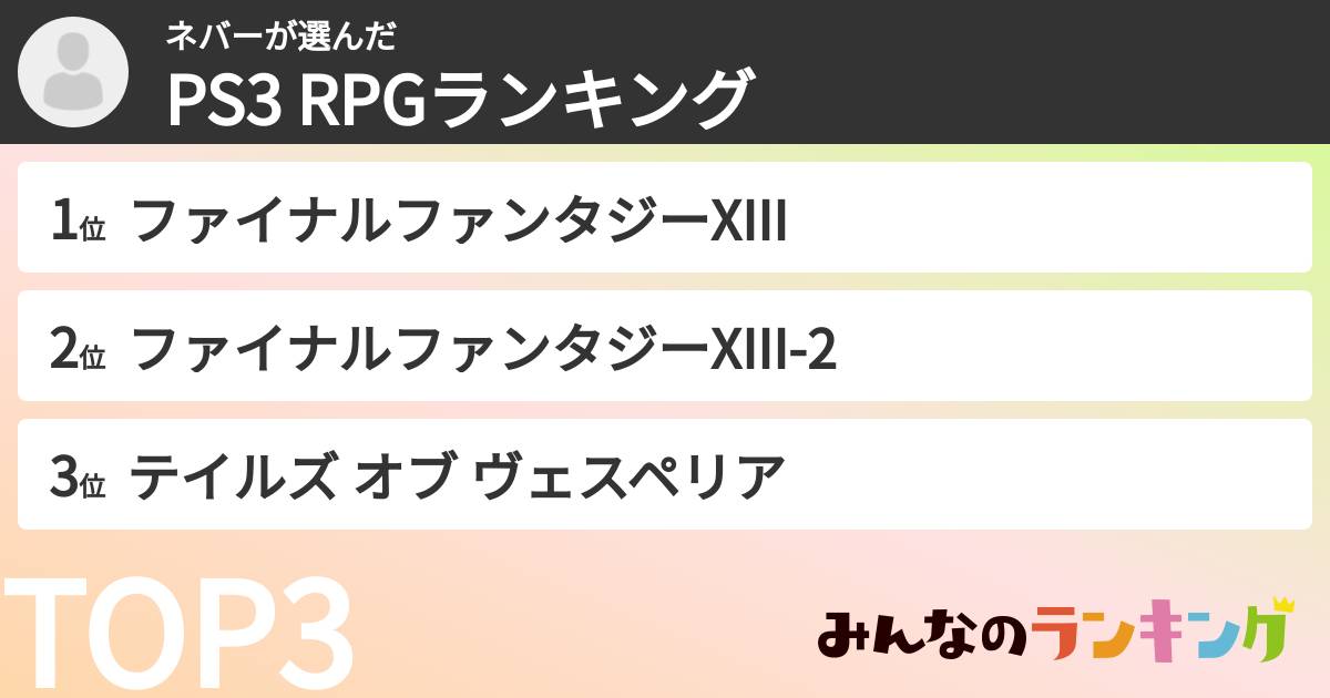 ネバーさんの「PS3 RPGランキング」