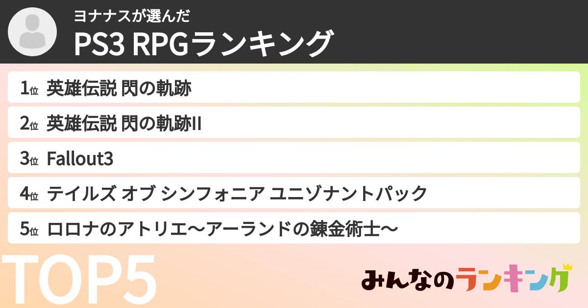 ヨナナスさんの「PS3 RPGランキング」