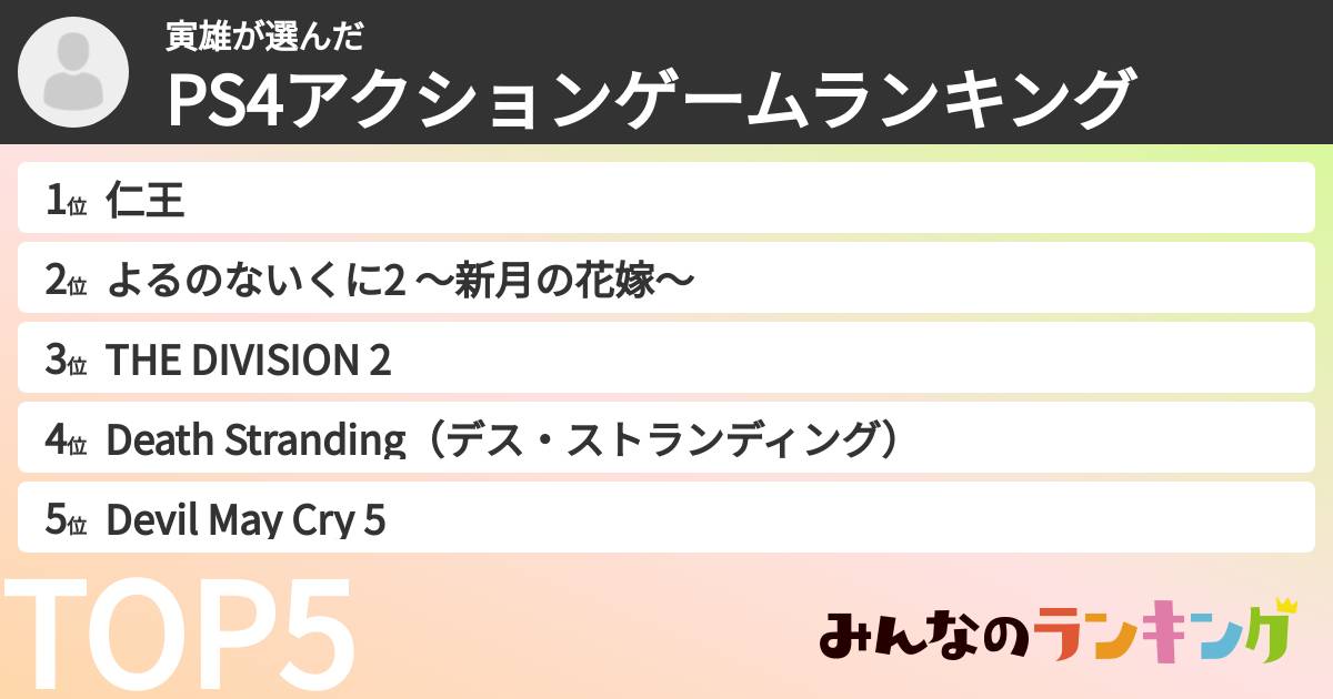 寅雄さんの「PS4アクションゲームランキング」