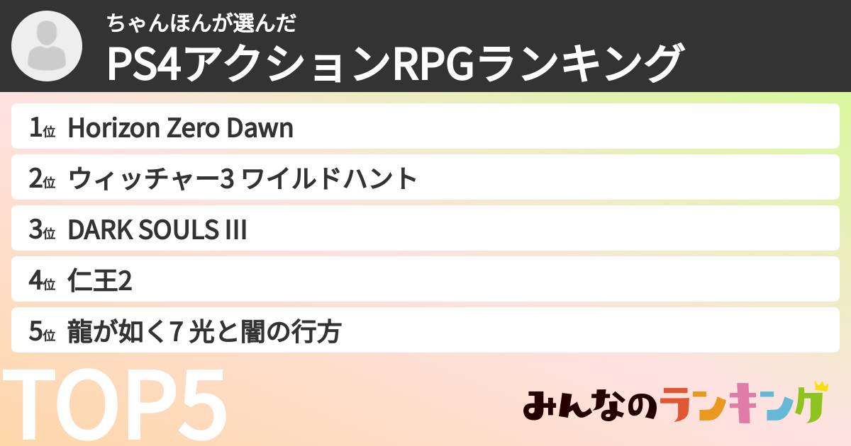 ちゃんほんさんの「PS4アクションRPGランキング」