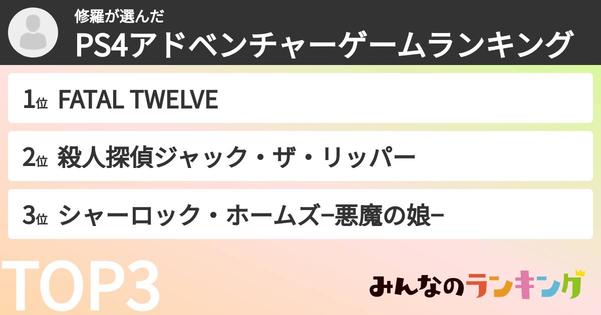 修羅さんの「PS4アドベンチャーゲームランキング」