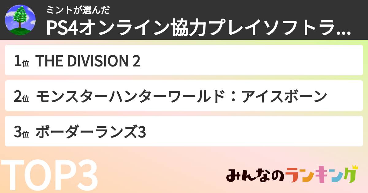 ミントさんの「PS4オンライン協力プレイソフトランキング」