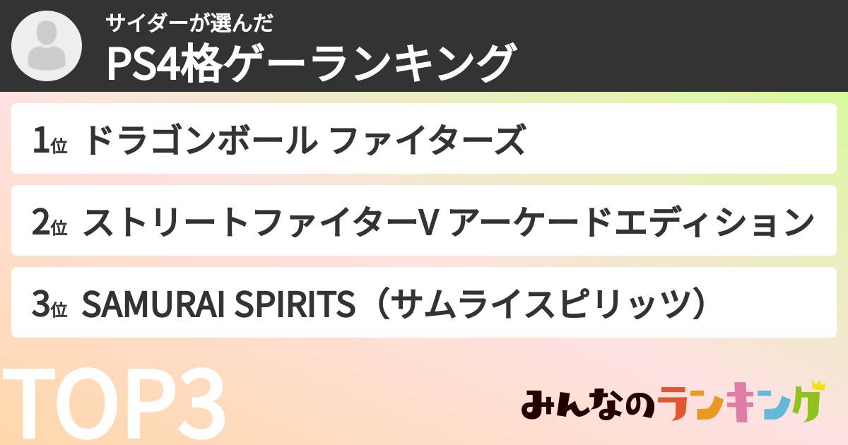 サイダーさんの「PS4格ゲーランキング」