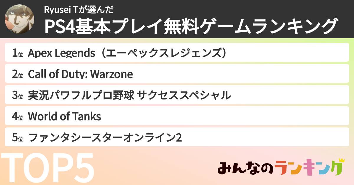 Ryusei Tさんの「PS4基本プレイ無料ゲームランキング」