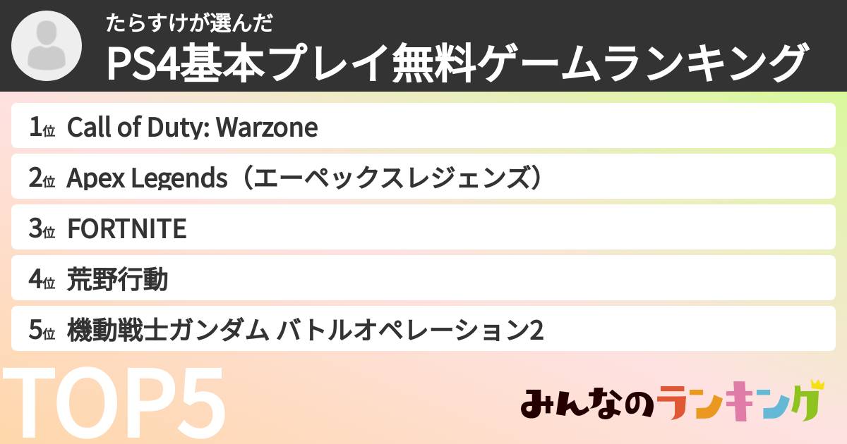 たらすけさんの「PS4基本プレイ無料ゲームランキング」