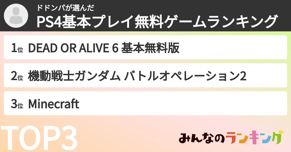 ドドンパさんの「PS4基本プレイ無料ゲームランキング」