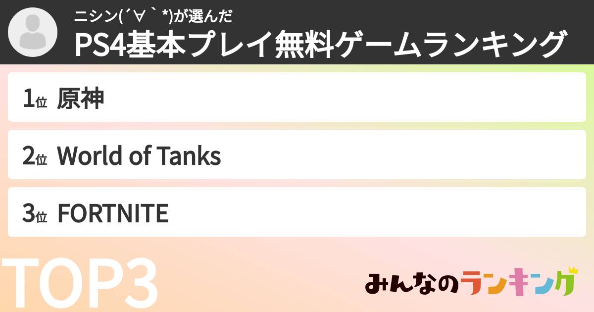 ニシン(´∀`*)さんの「PS4基本プレイ無料ゲームランキング」