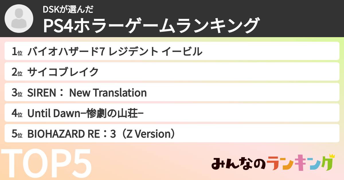 DSKさんの「PS4ホラーゲームランキング」
