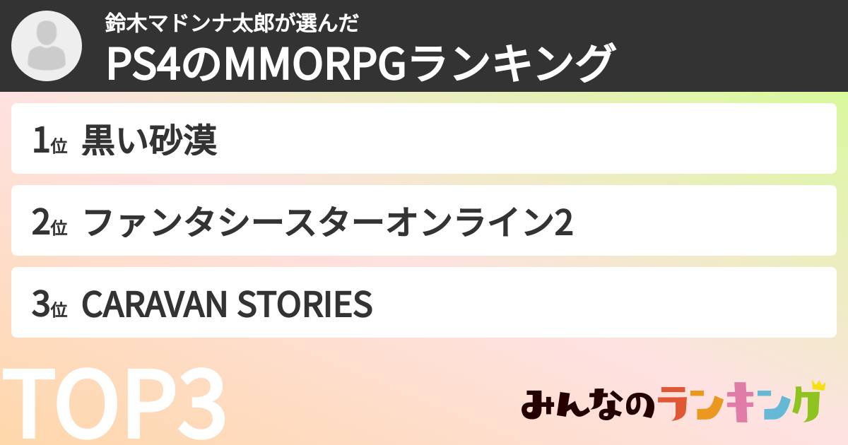 鈴木マドンナ太郎さんの「PS4のMMORPGランキング」