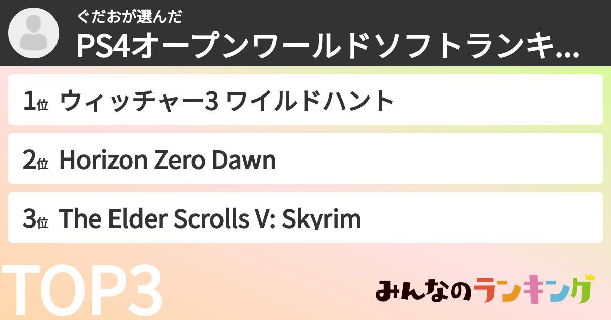 ぐだおさんの「PS4オープンワールドソフトランキング」