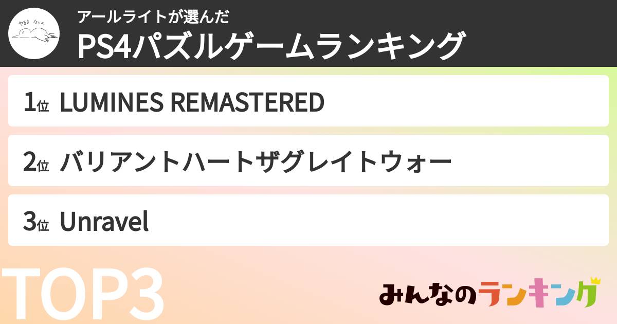 アールライトさんの「PS4パズルゲームランキング」