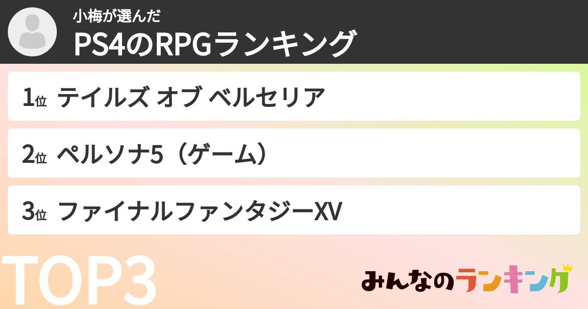 小梅さんの「PS4のRPGランキング」