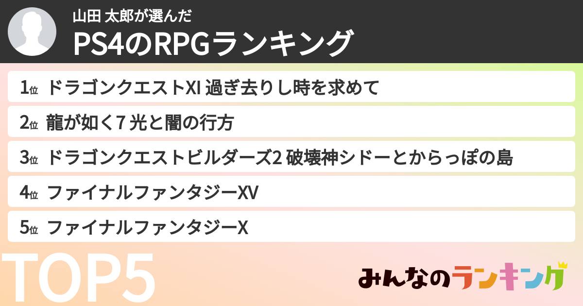 山田 太郎さんの「PS4のRPGランキング」