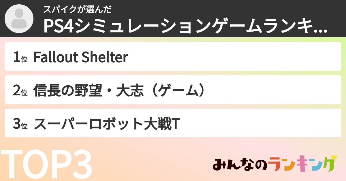 スパイクさんの「PS4シミュレーションゲームランキング」