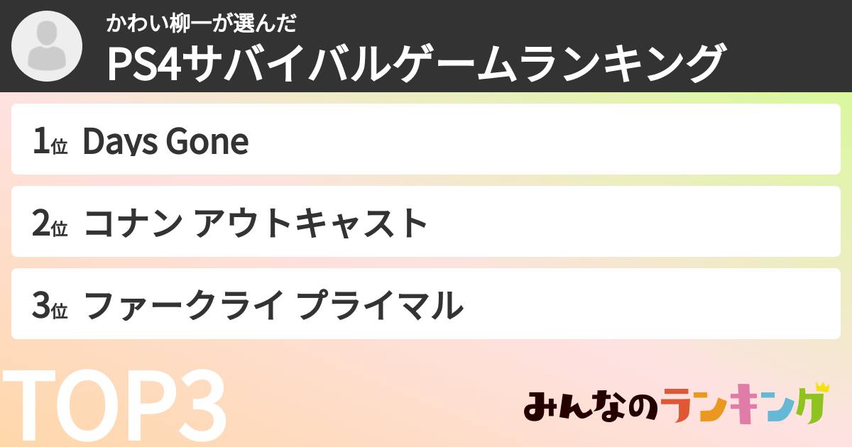 かわい柳一さんの「PS4サバイバルゲームランキング」