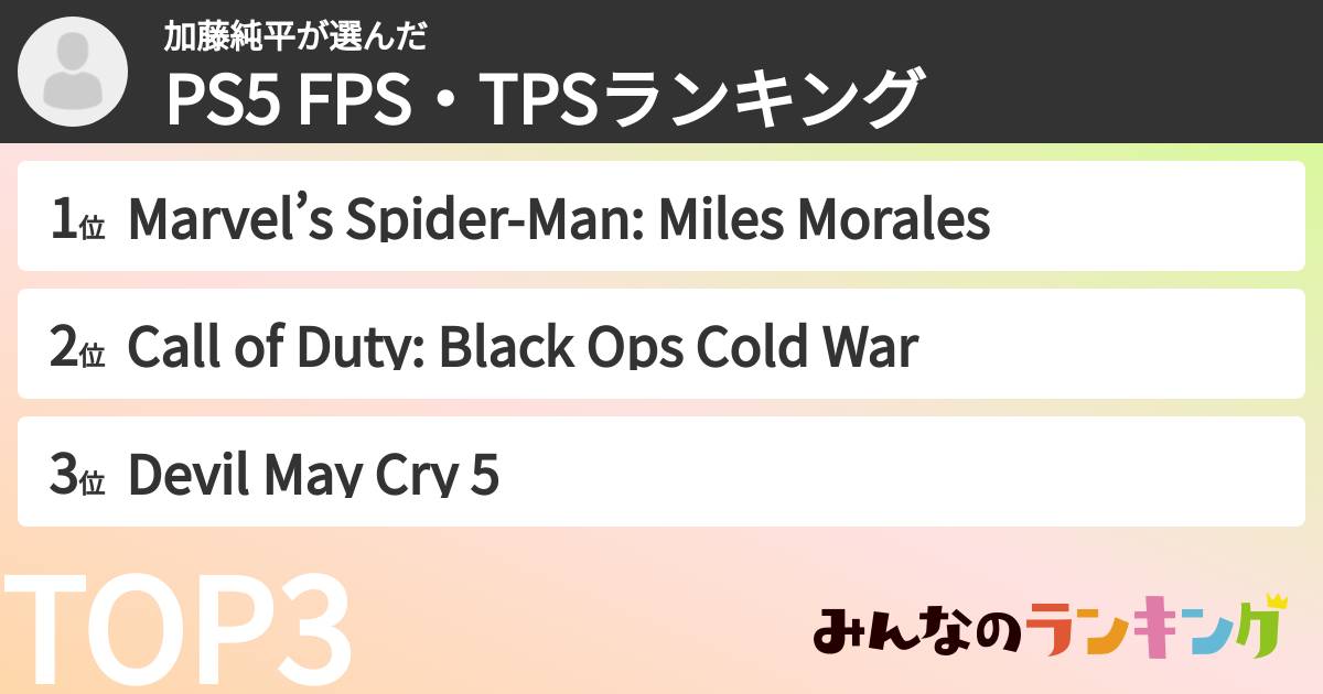 加藤純平さんの「PS5 FPS・TPSランキング」