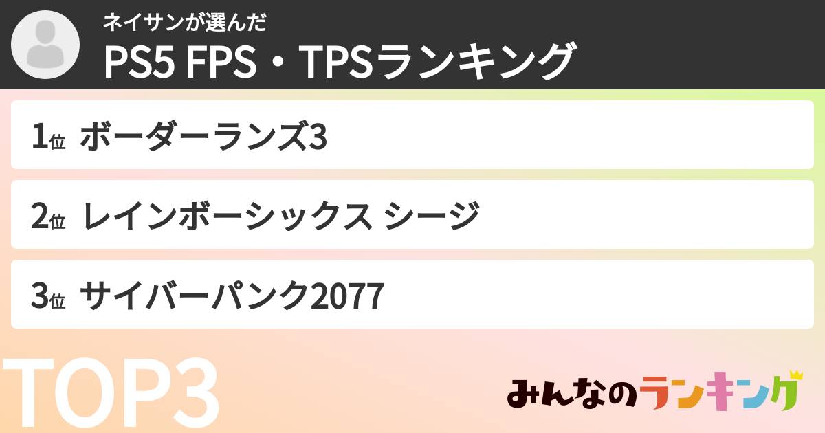 ネイサンさんの「PS5 FPS・TPSランキング」