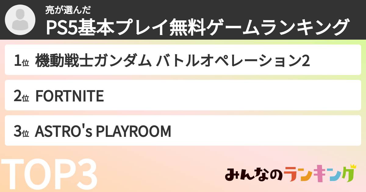 亮さんの「PS5基本プレイ無料ゲームランキング」