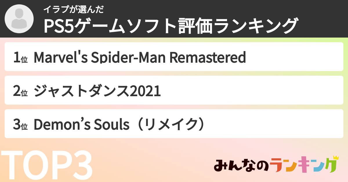 イラプさんの「PS5ゲームソフト評価ランキング」