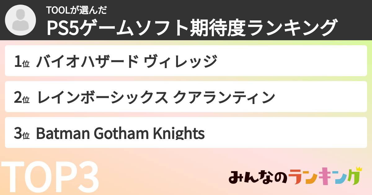TOOLさんの「PS5ゲームソフト期待度ランキング」