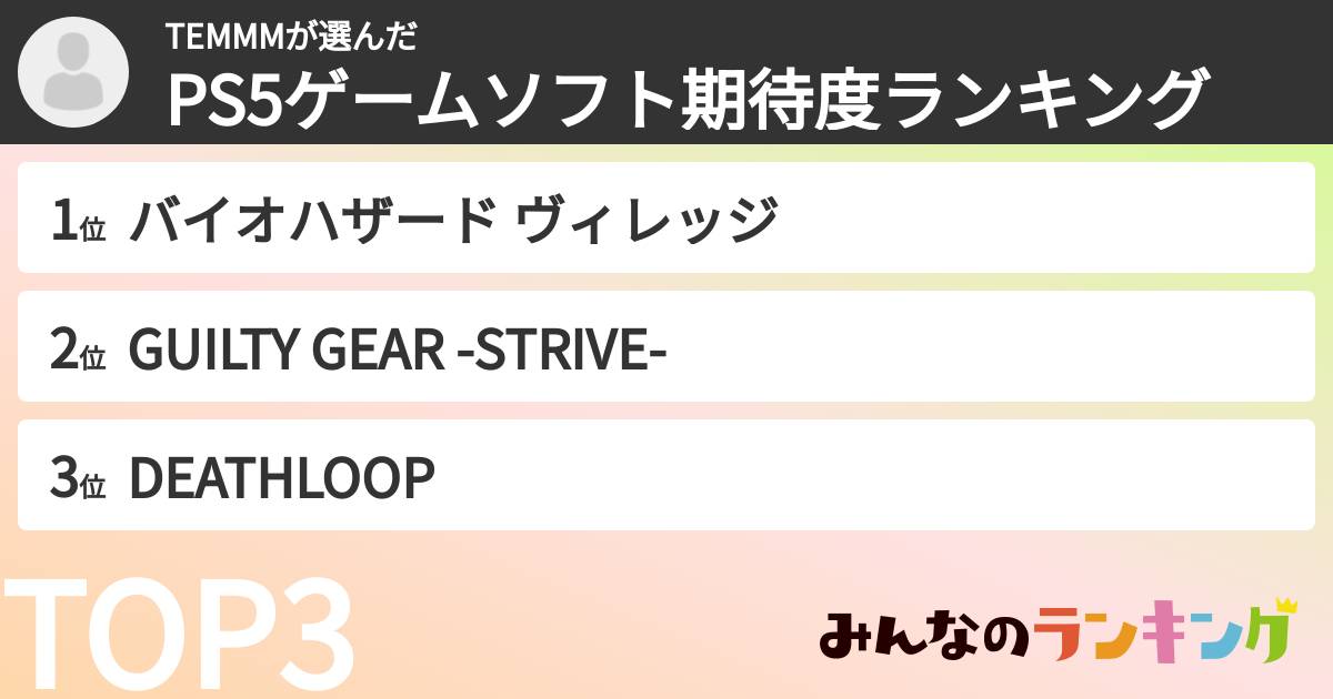 TEMMMさんの「PS5ゲームソフト期待度ランキング」
