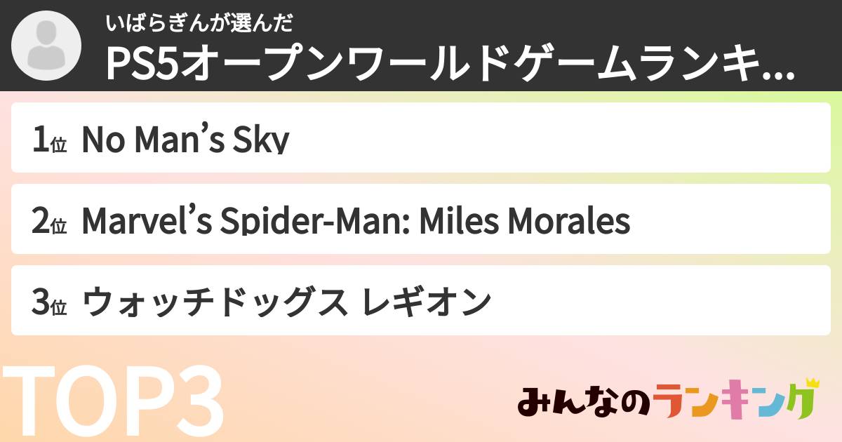 いばらぎんさんの「PS5オープンワールドゲームランキング」