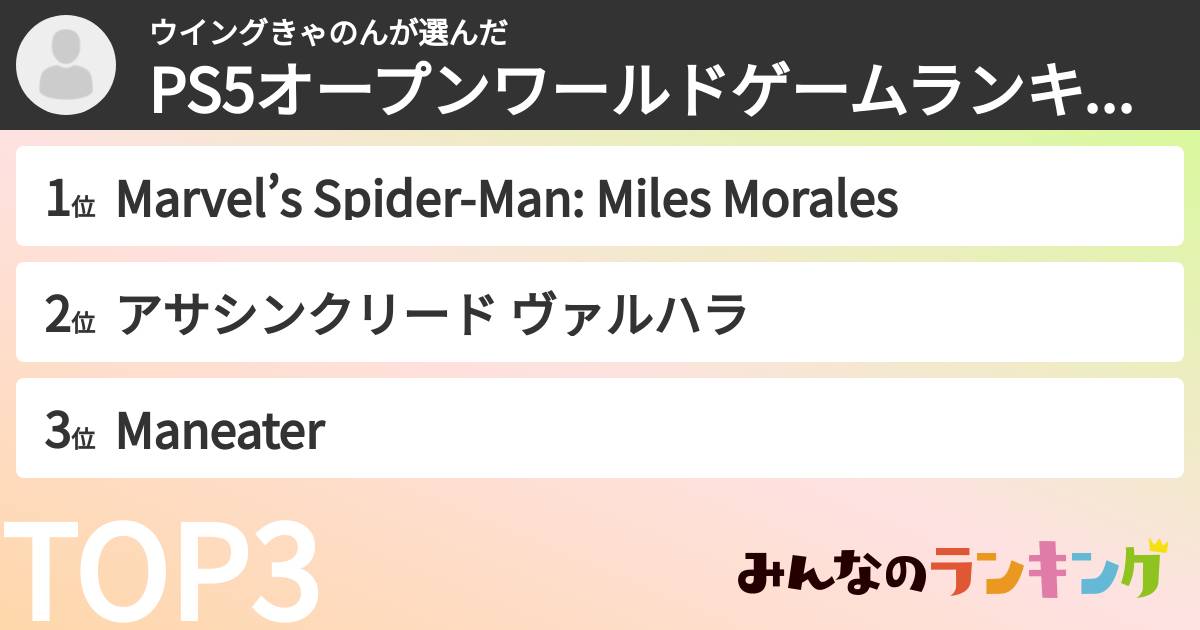 ウイングきゃのんさんの「PS5オープンワールドゲームランキング」