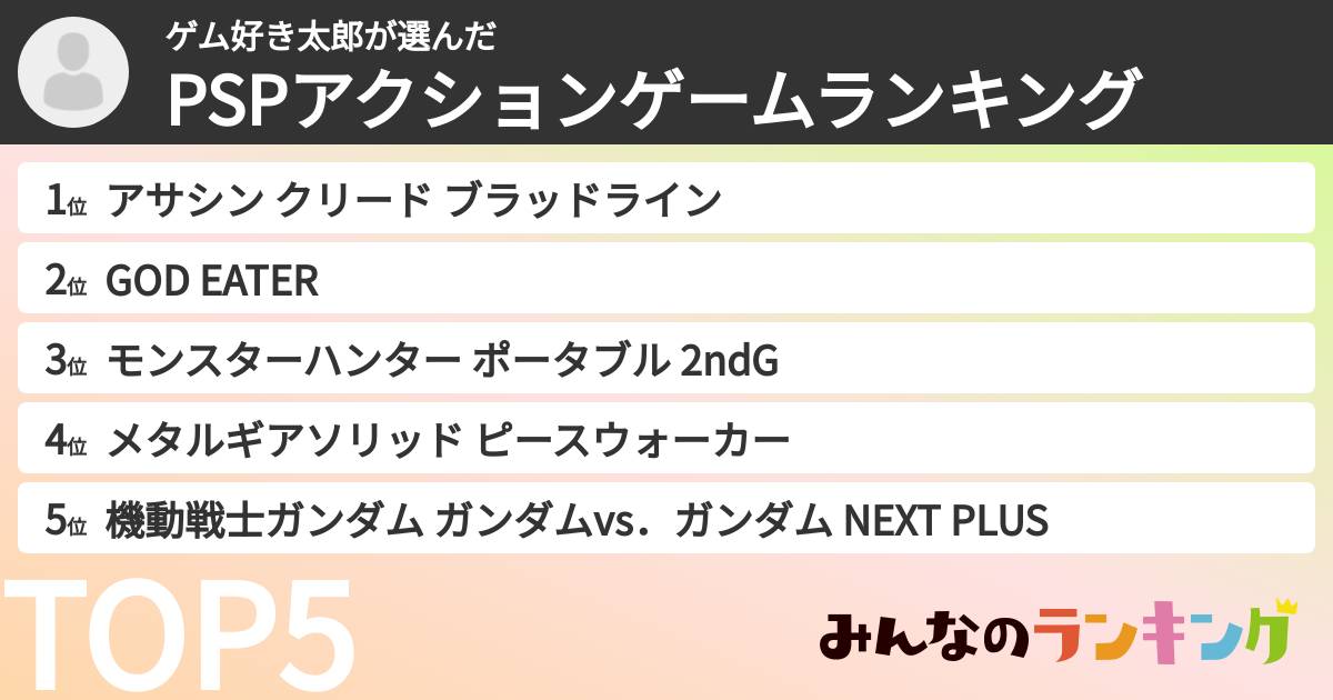 ゲム好き太郎さんの「PSPアクションゲームランキング」