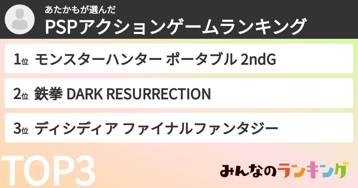 あたかもさんの「PSPアクションゲームランキング」