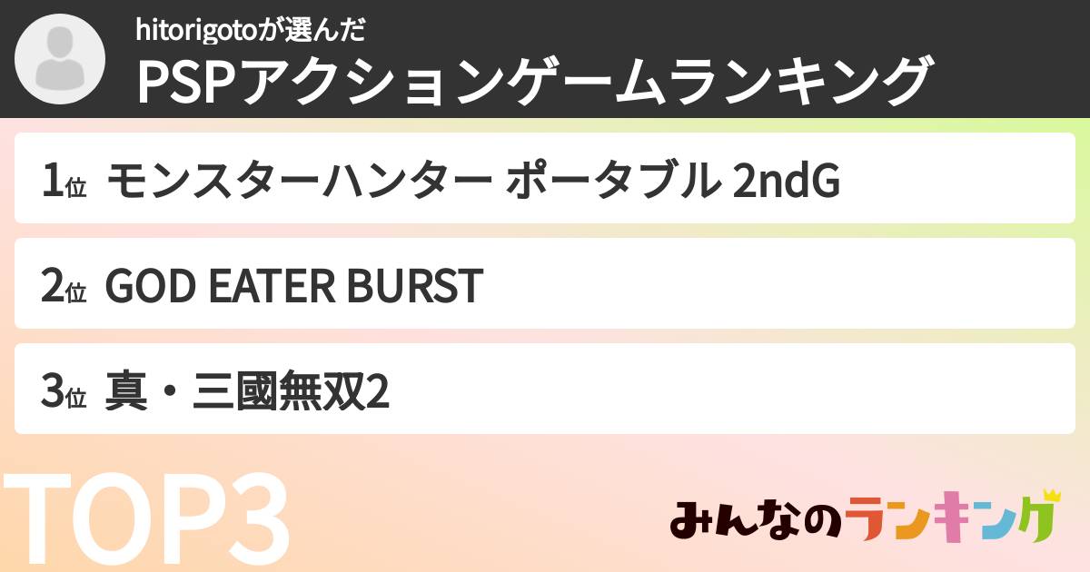 hitorigotoさんの「PSPアクションゲームランキング」