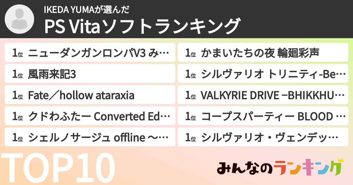 IKEDA YUMAさんの「PS Vitaソフトランキング」
