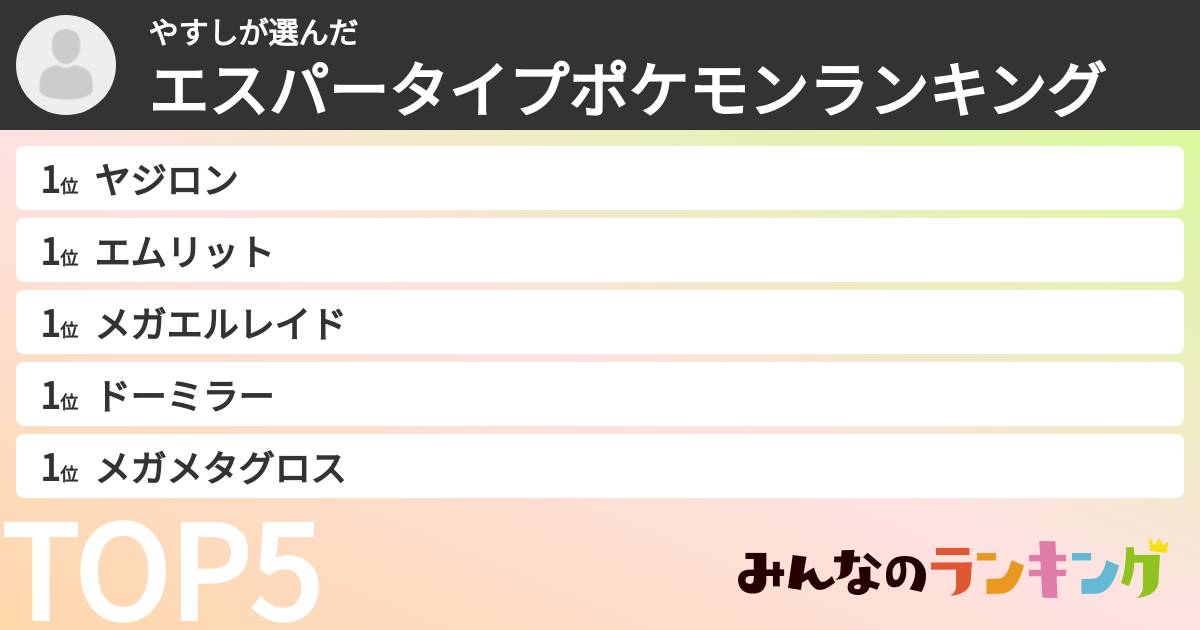 やすしさんの「エスパータイプポケモンランキング」