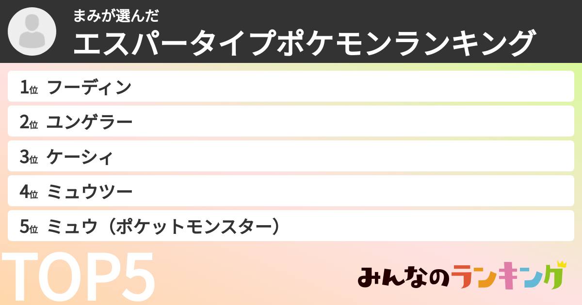 まみさんの「エスパータイプポケモンランキング」