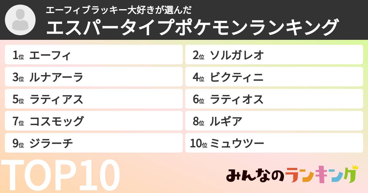 エーフィブラッキー大好きさんの「エスパータイプポケモンランキング」