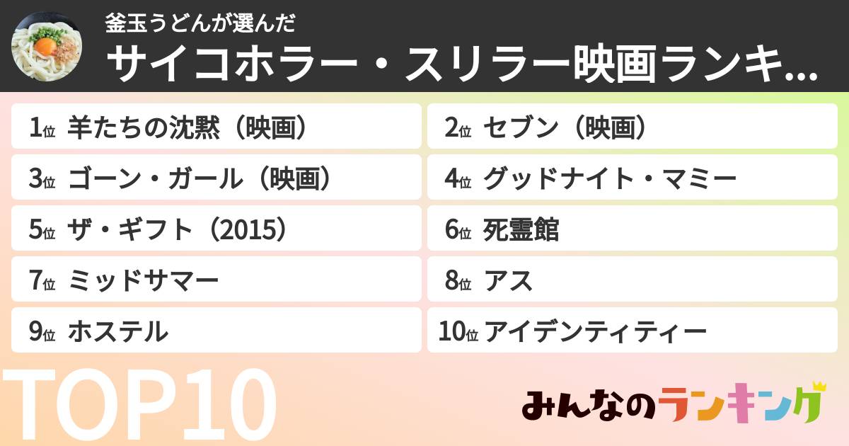 釜玉うどんさんの「サイコホラー・スリラー映画ランキング」