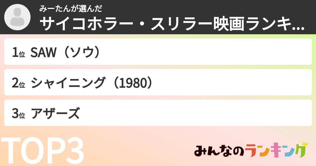 みーたんさんの「サイコホラー・スリラー映画ランキング」