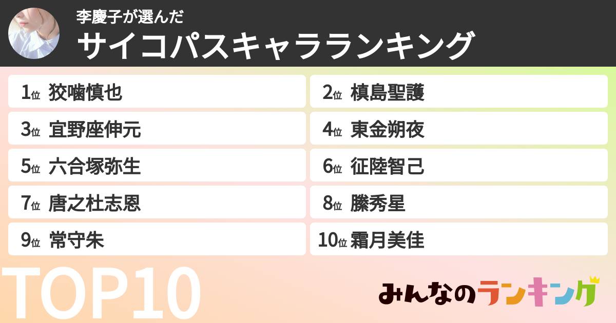 李慶子さんの「サイコパスキャラランキング」