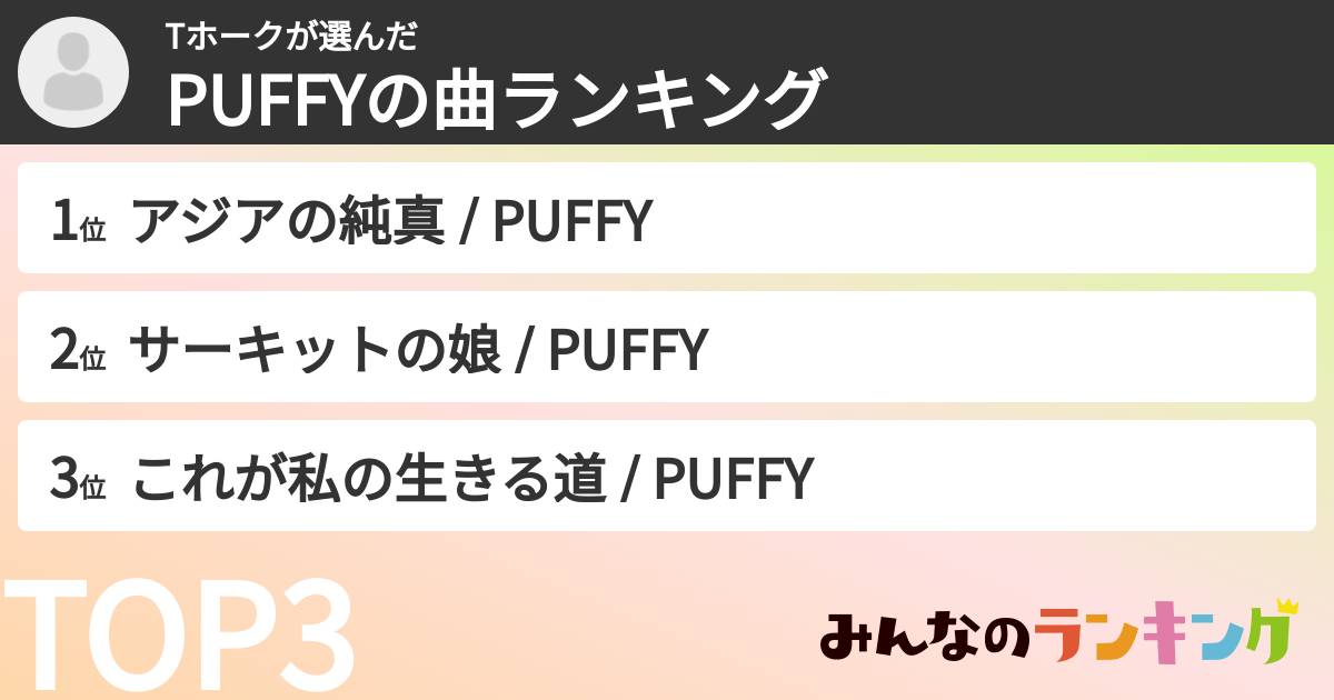 Tホークさんの「PUFFYの曲ランキング」