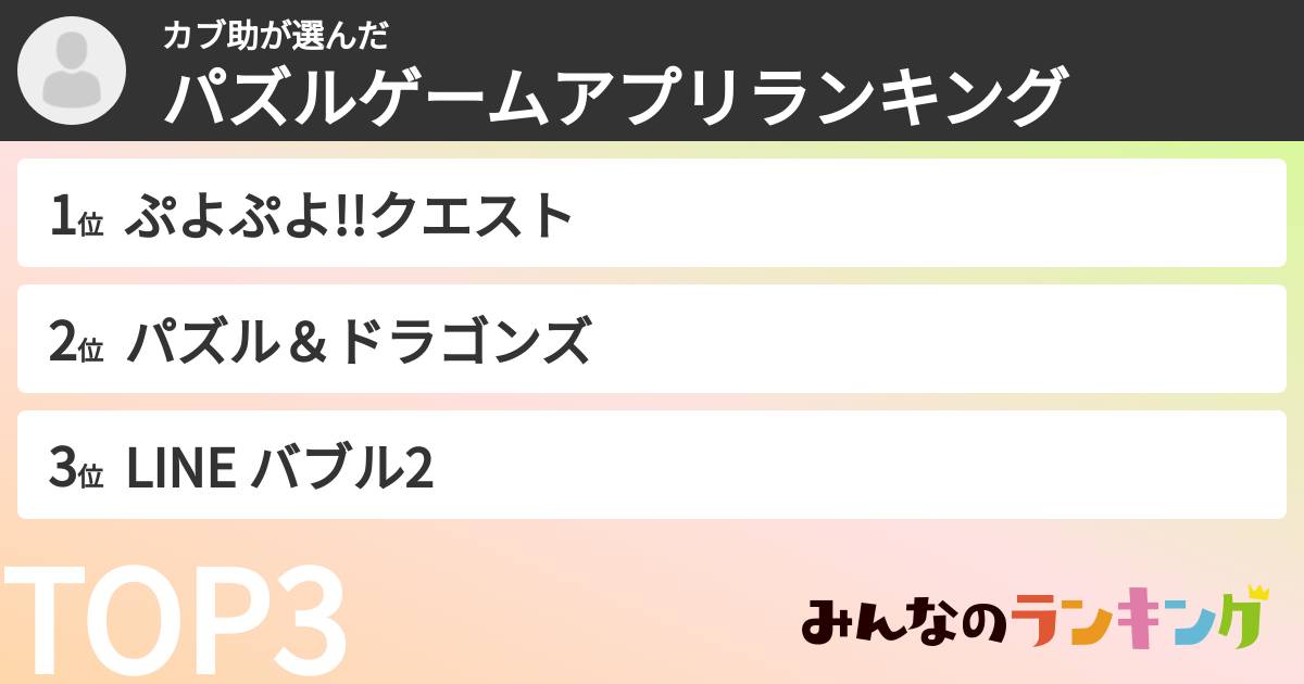 カブ助さんの「パズルゲームアプリランキング」