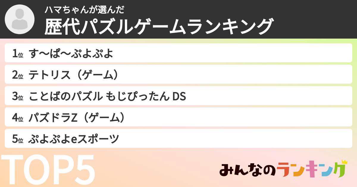 ハマちゃんさんの「歴代パズルゲームランキング」
