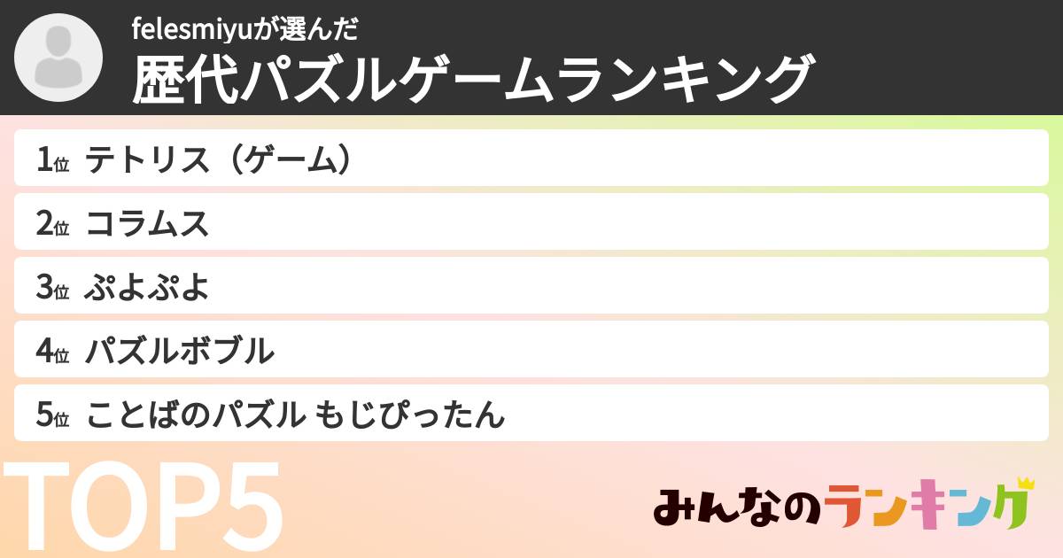 felesmiyuさんの「歴代パズルゲームランキング」