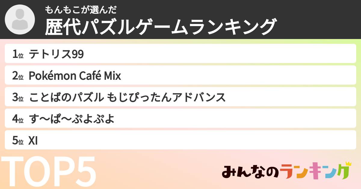 もんもこさんの「歴代パズルゲームランキング」