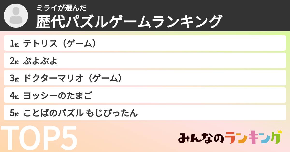 ミライさんの「歴代パズルゲームランキング」